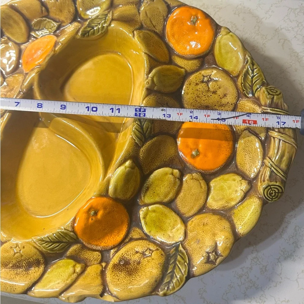 Vintage Mid-Century Modern Glazed Ceramic Divided Serving Tray 3D Fruit Motif